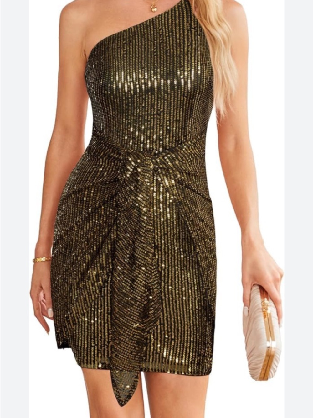Grace Karin One-Shoulder Metallic Gold Sequin Mini Dress